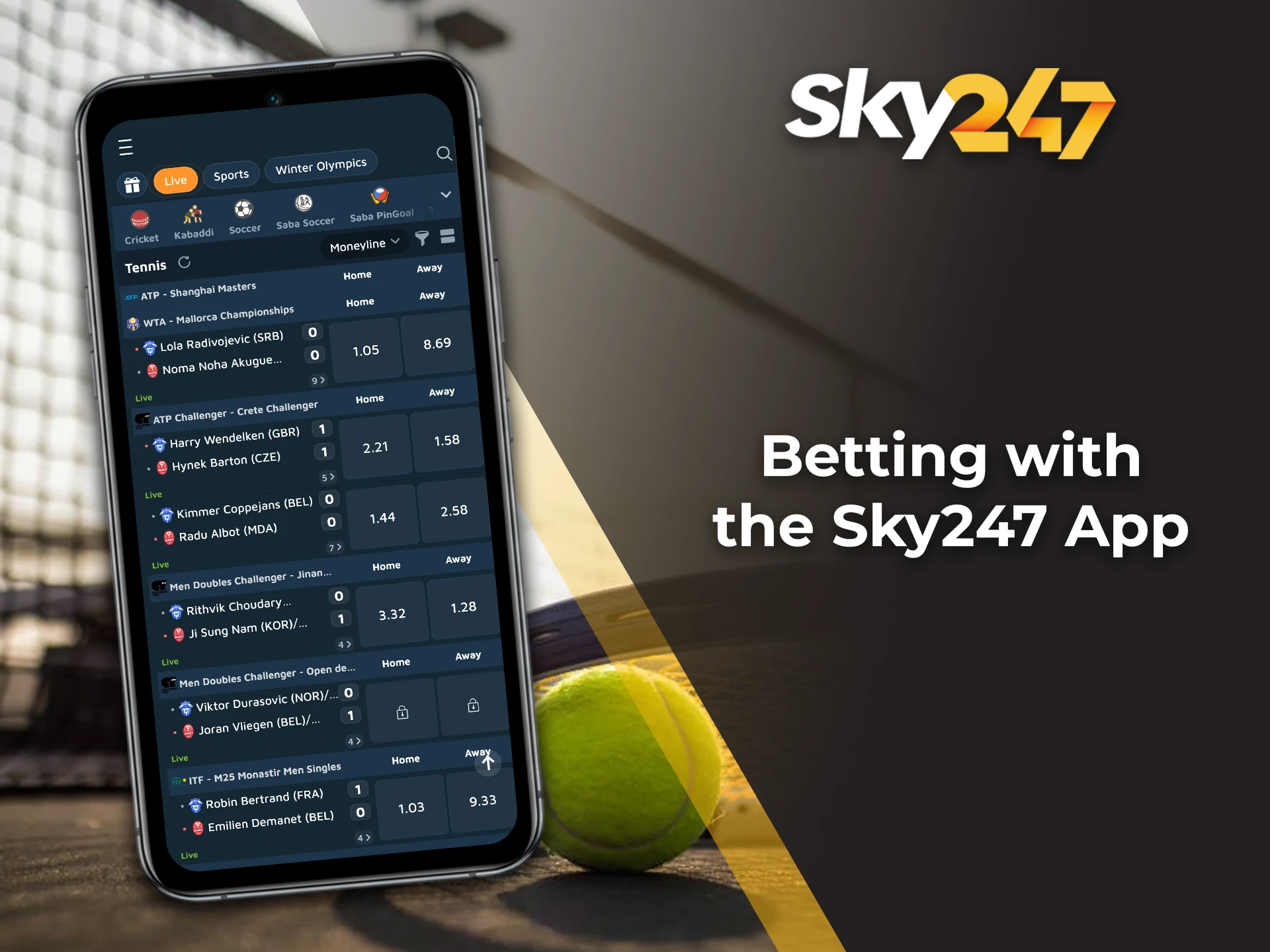 Place mobile tennis bets easily using the official Sky247 application.