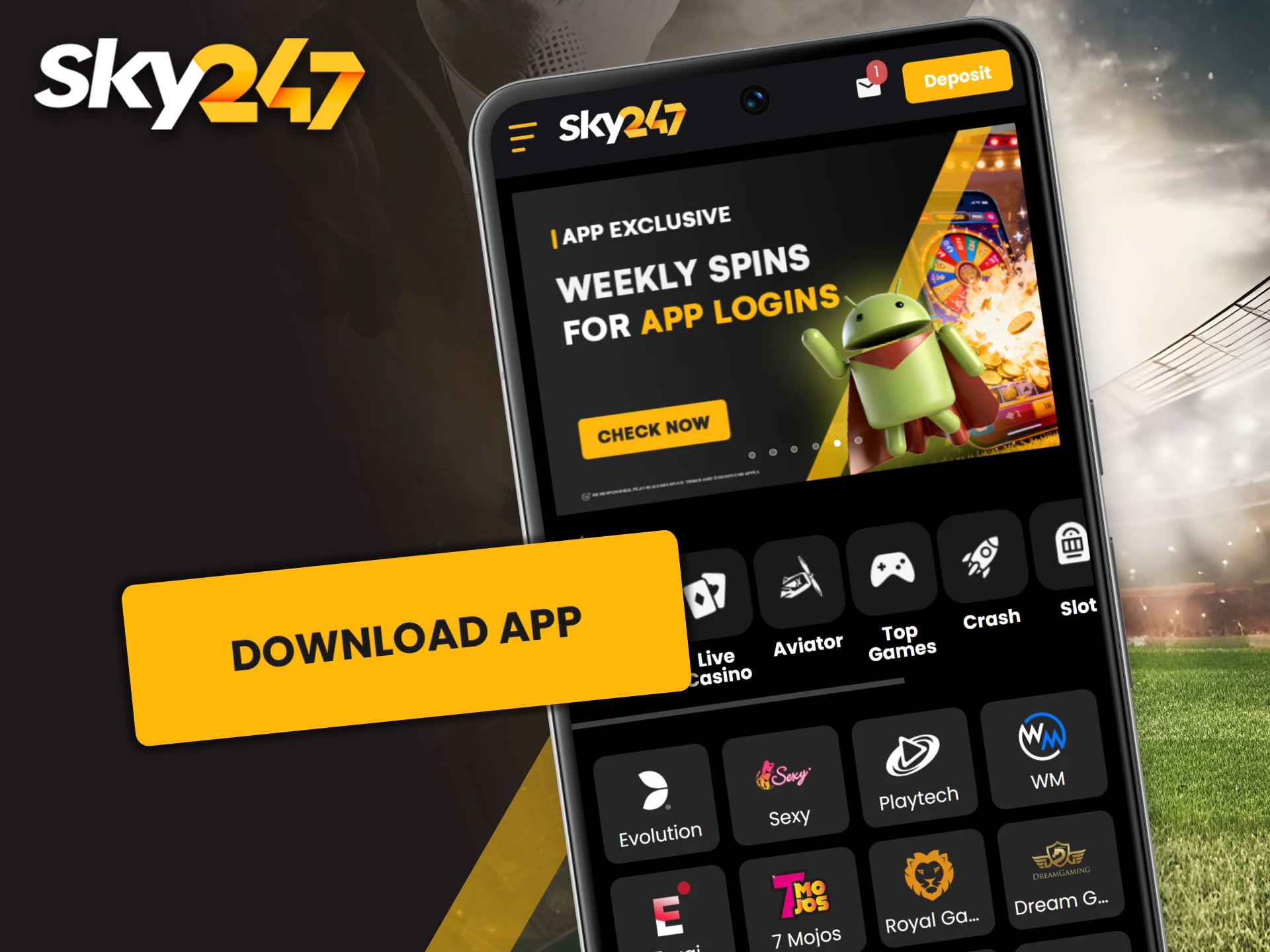 A smartphone demonstrates the Sky247 app interface.