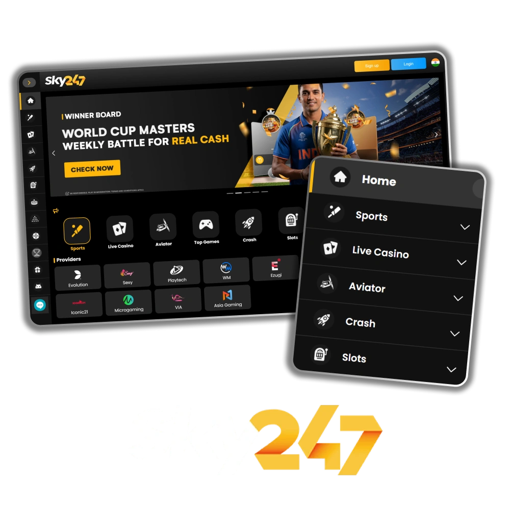 The homepage offers a selection of gambling games on the Sky247 website.